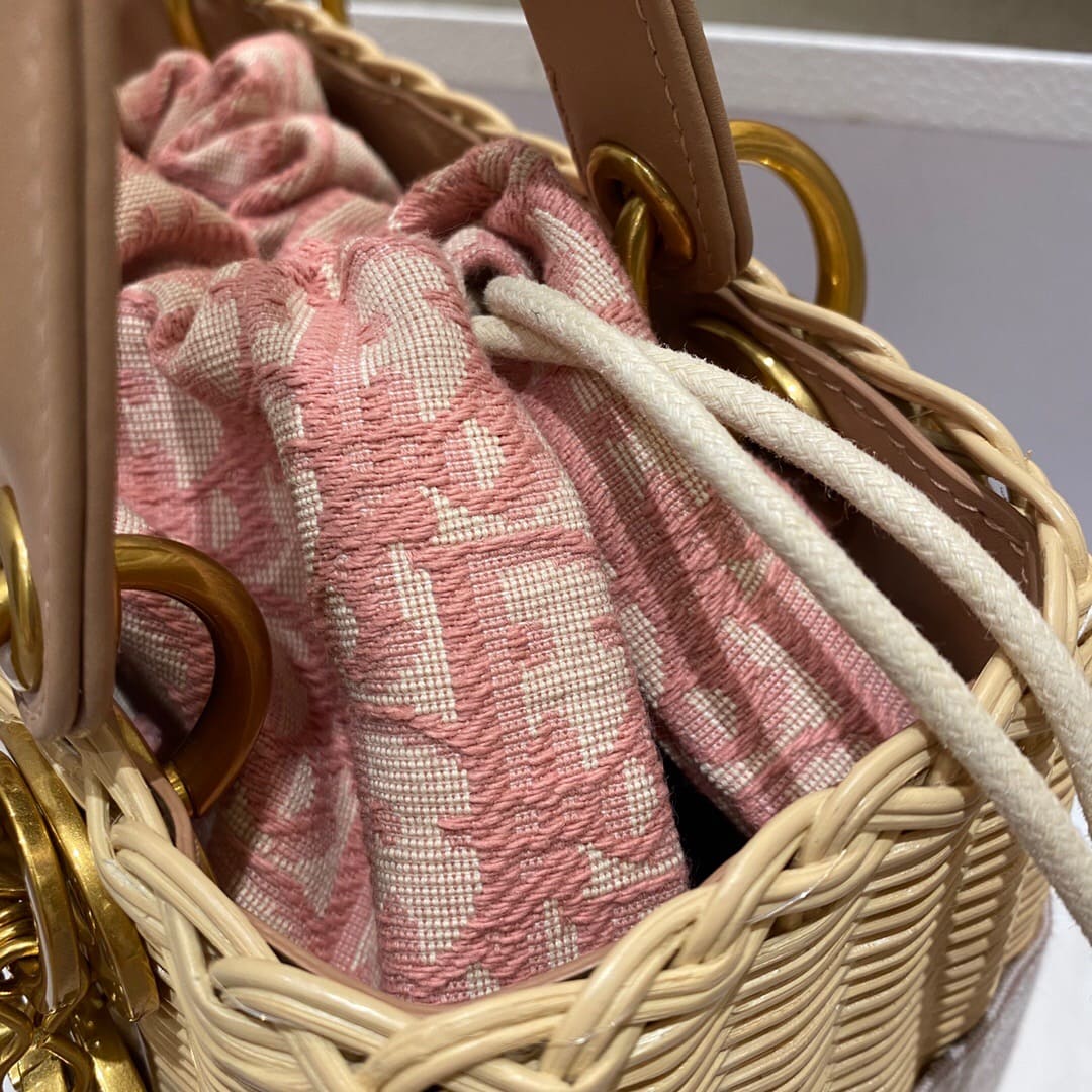 TÚI Dior Women Medium Lady Dior Bag Natural Wicker and Pink Dior Oblique Jacquard
