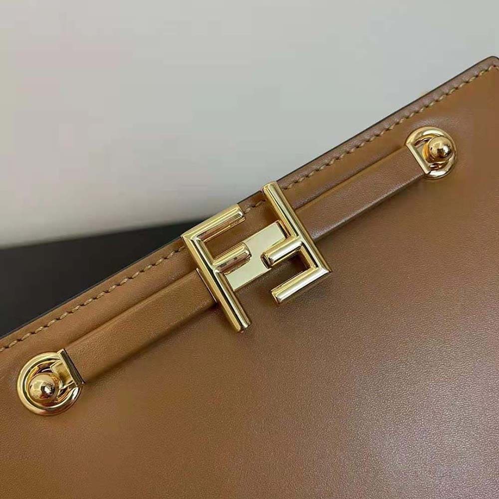 TÚI FENDI Women Touch Leather Bag with A Metal FF Clasp-Brown