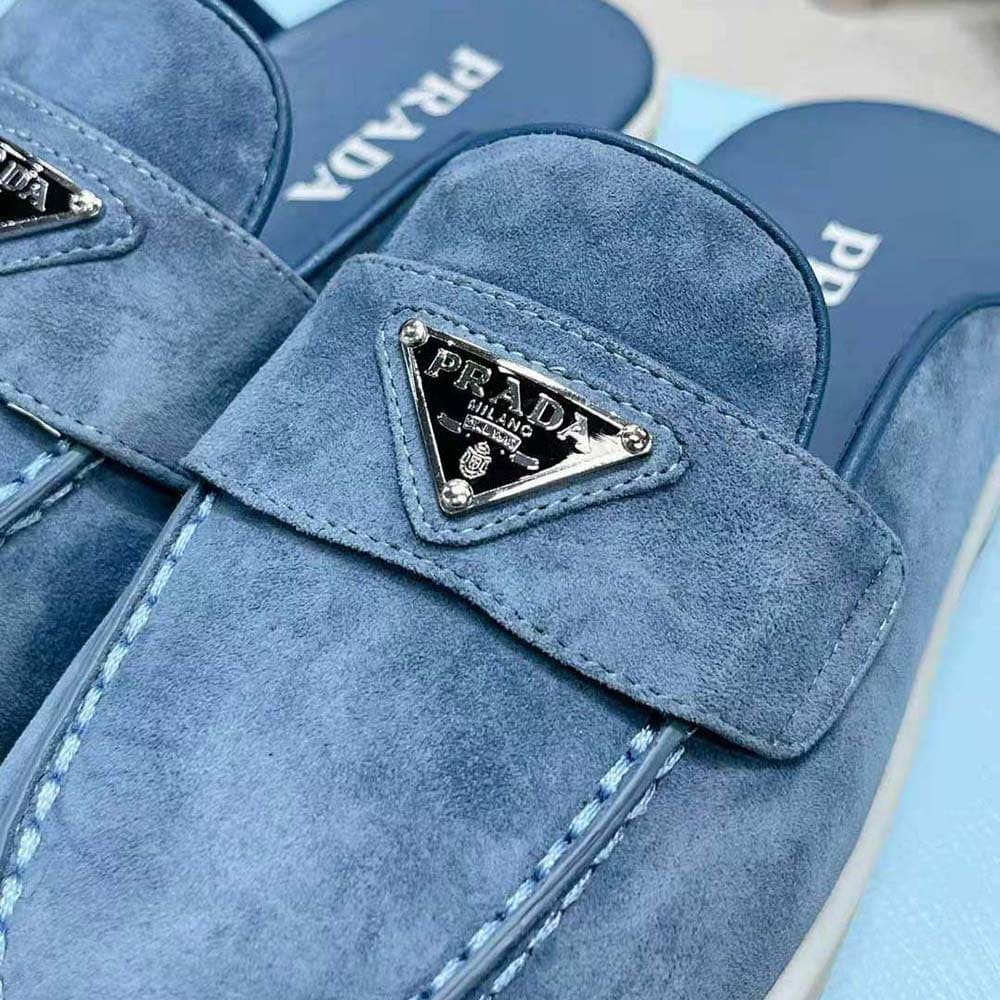 GIÀY PRADA Suede Sabots with the Enameled Metal Triangle Logo