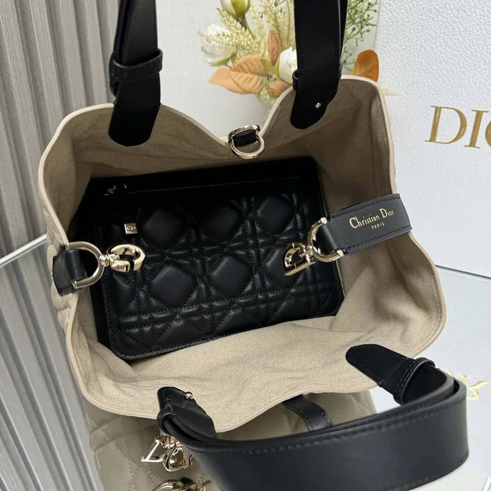 TÚI Dior Toujours Rope màu be và đen Macrocannage Calfskin cỡ nhỏ