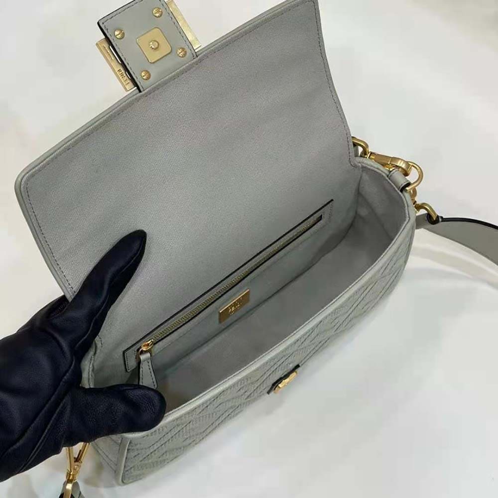 TÚI FENDI Women Baguette Light Green Canvas Bag with FF Embroidery