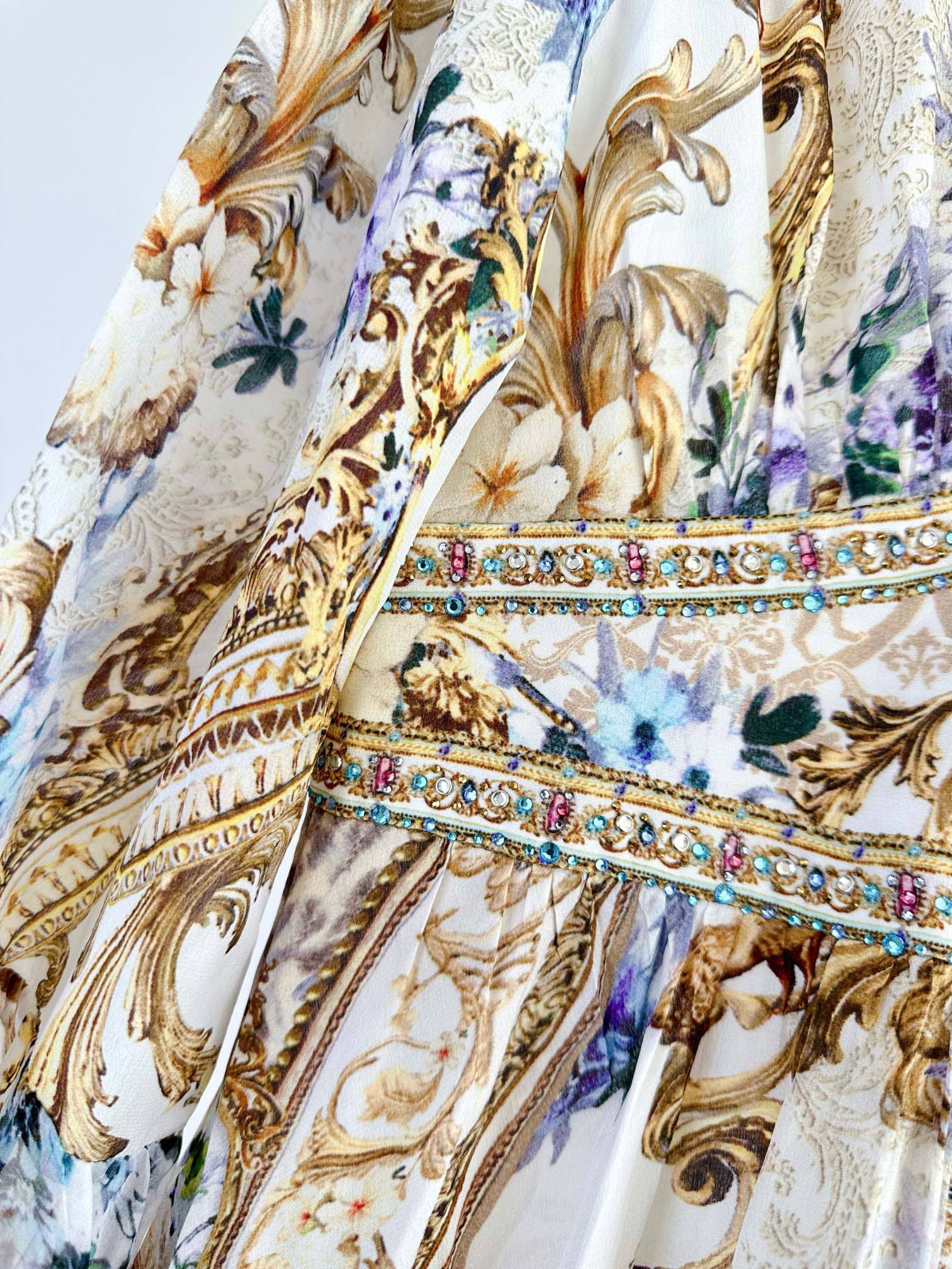 VÁY CAMILLA Silk Blue Cardigan Embellished V-Neck Maxi Dress High Classy Dài Tay