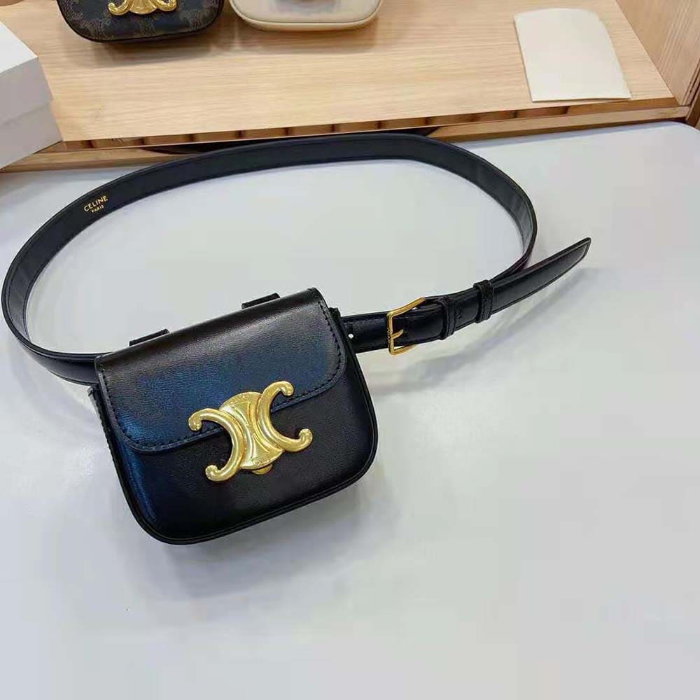 TÚI Celine Women Belt Bag Triomphe Belt in Shiny Calfskin-Black