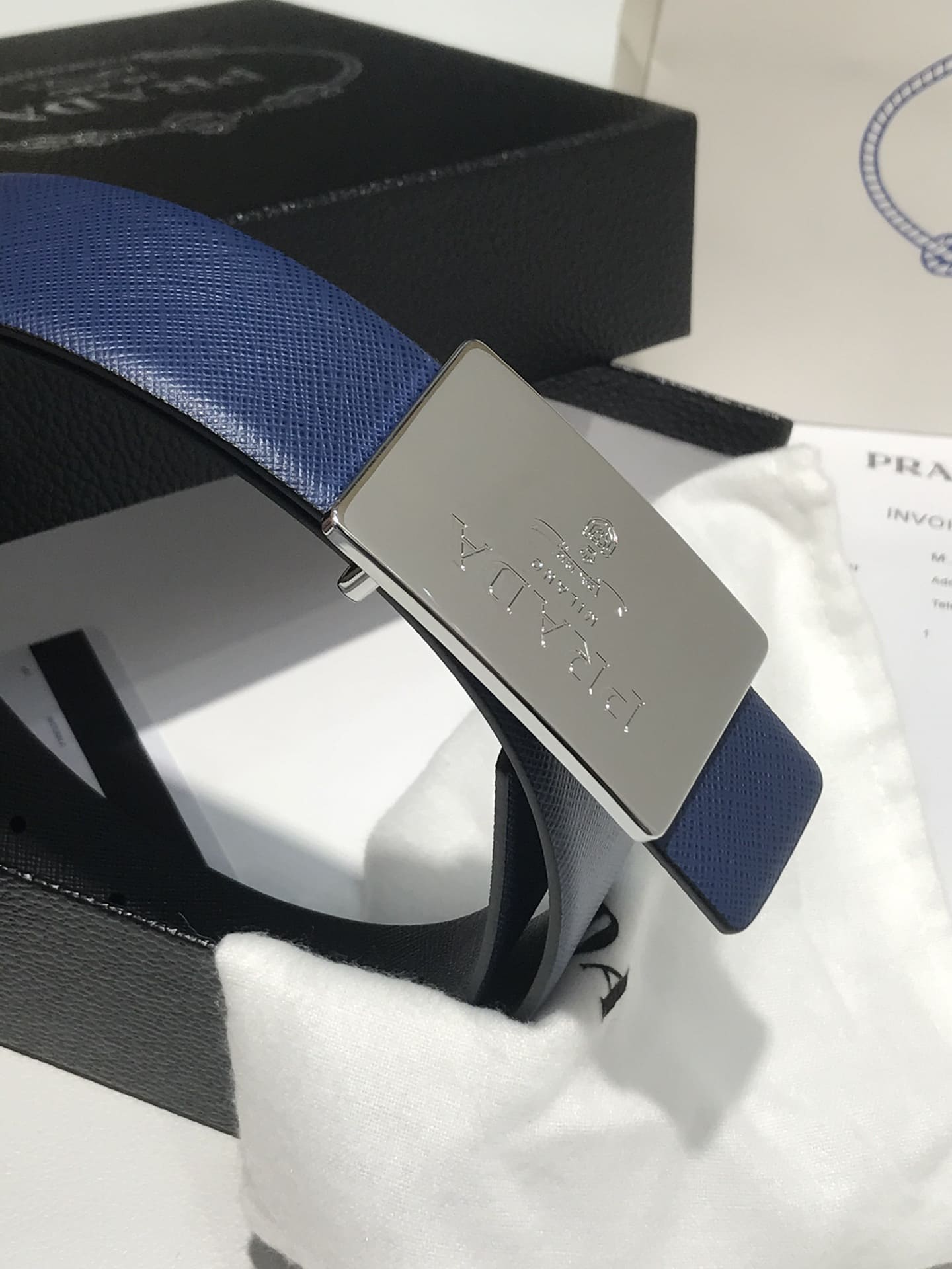 DÂY LƯNG PRADA BLUE SAFFIANO LEATHER Khóa bạc