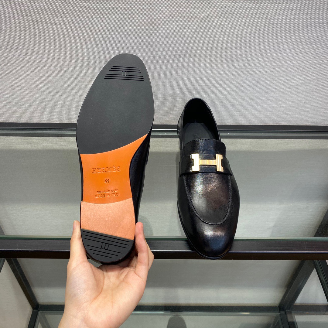 GIÀY HERMES LEATHER BLACK LOAFER SHOES