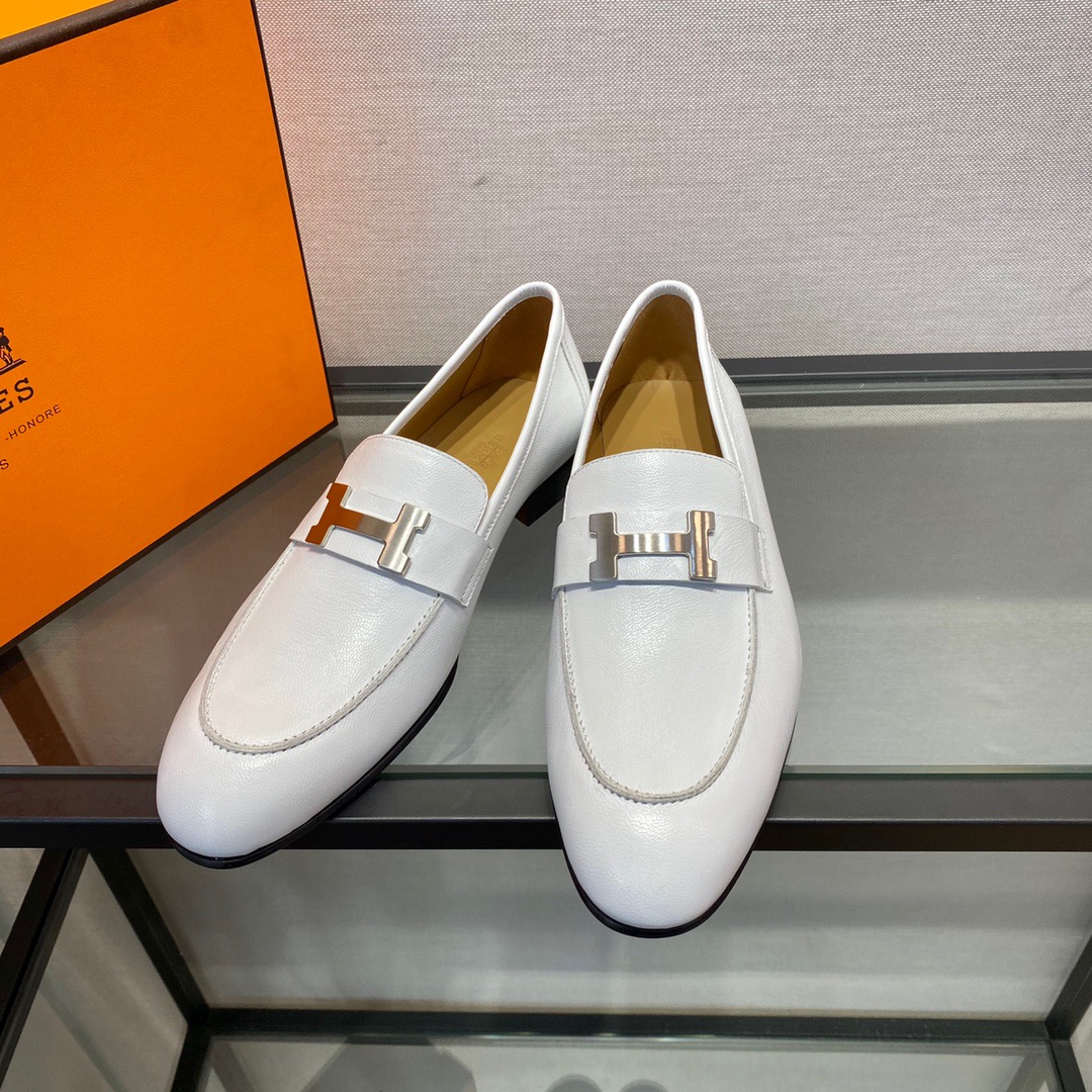 GIÀY HERMES LEATHER WHITE LOAFER SHOES