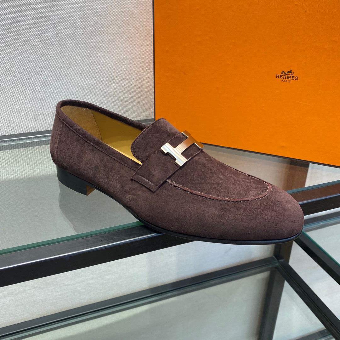 GIÀY HERMES SUEDE LEATHER BROWN LOAFER SHOES