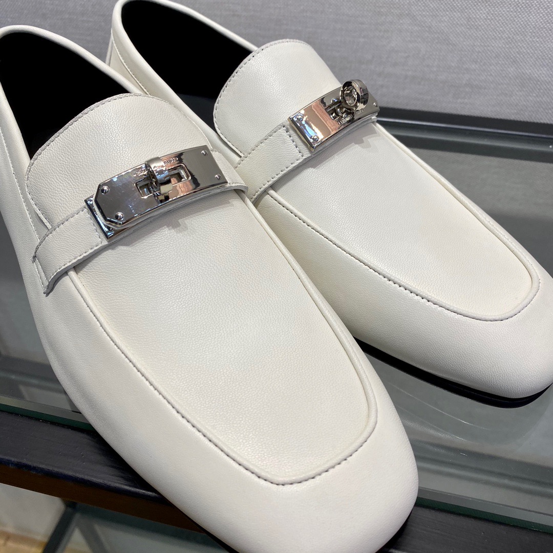 GIÀY HERMES KELLY LEATHER WHITE LOAFER SHOES