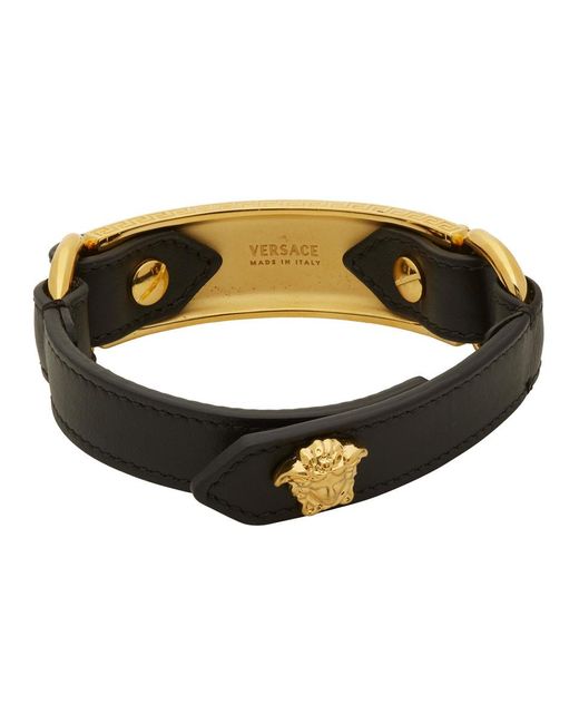 Versace Black And Gold Leather Medusa Bracelet