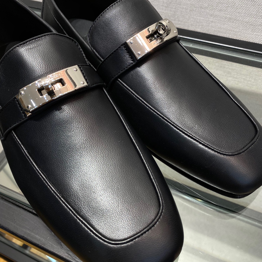 GIÀY HERMES KELLY LEATHER BLACK LOAFER SHOES
