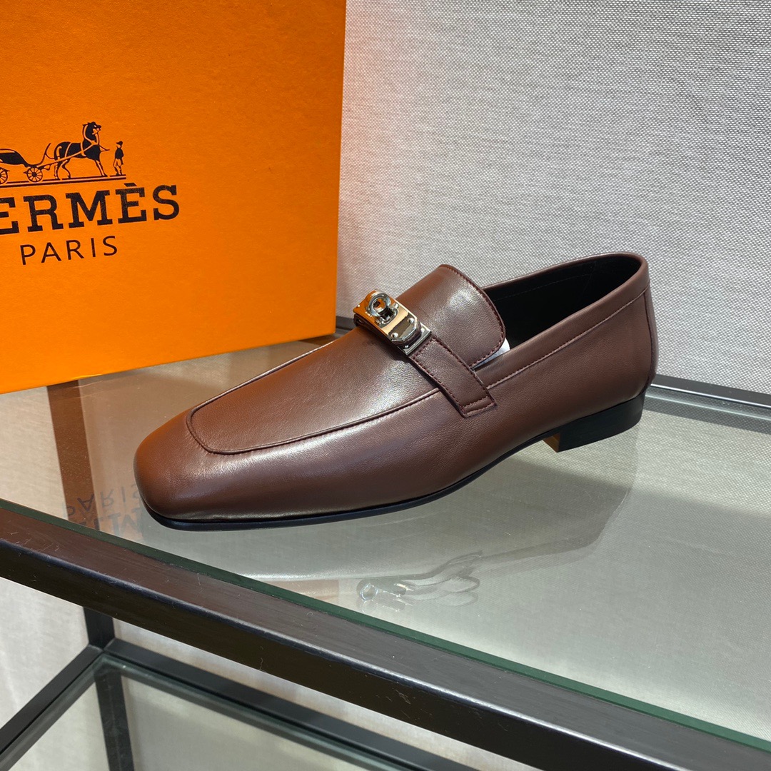 GIÀY HERMES KELLY LEATHER BROWN LOAFER SHOES