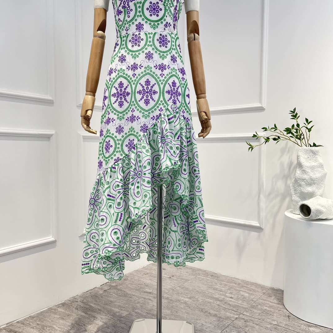 VÁY ZIMMERMANN Green Purple White Hollow Embroidery Irregular Hem Dress High Classy