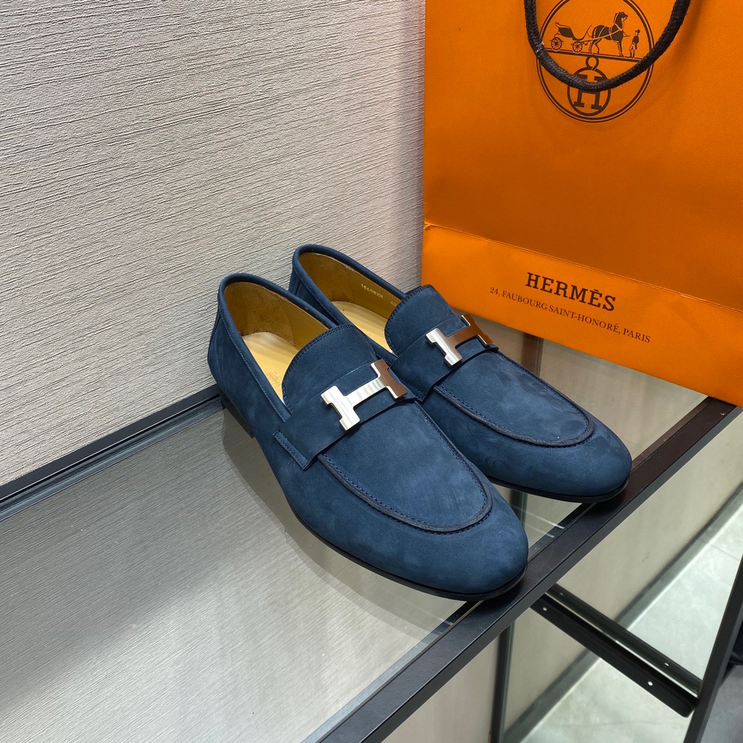 GIÀY HERMES SUEDE LEATHER BLUE LOAFER SHOES