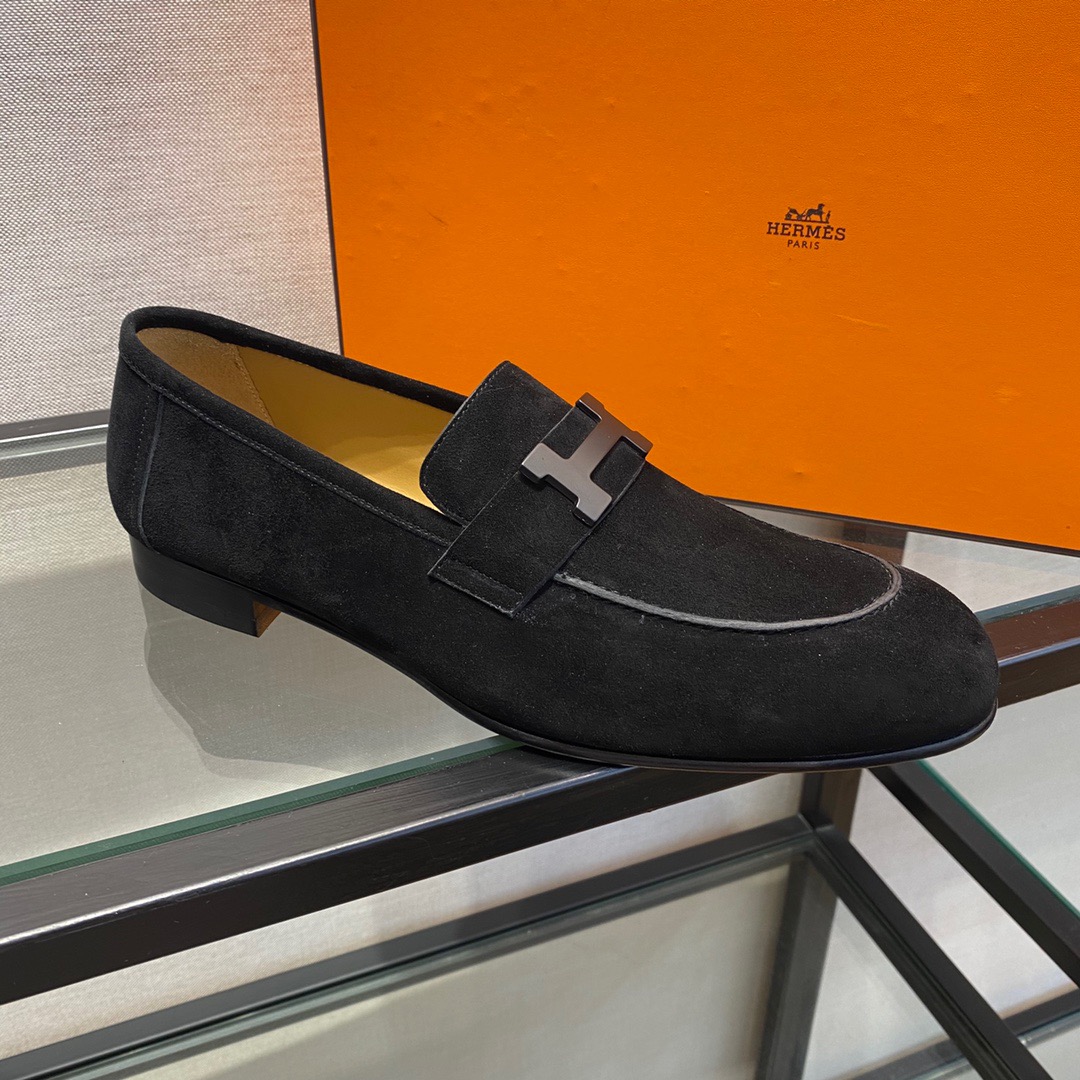 GIÀY HERMES SUEDE LEATHER BLACK LOAFER SHOES