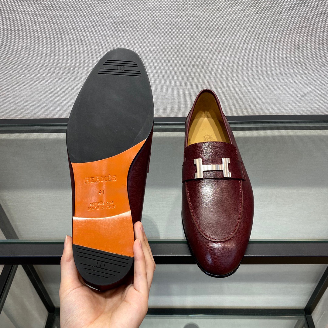 GIÀY HERMES LEATHER BURGUNDY LOAFER SHOES