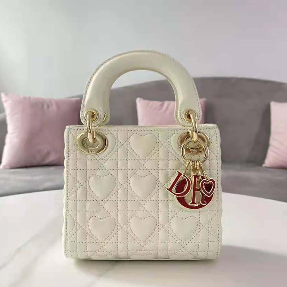 TÚI Dior Women Mini Lady Dior Dioramour Bag Latte Cannage Lambskin with Heart Motif-White