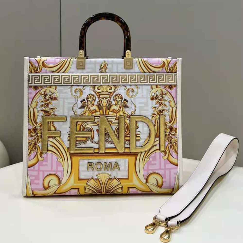 TÚI Fendi Women Sunshine Medium Fendace Printed White Leather Shopper