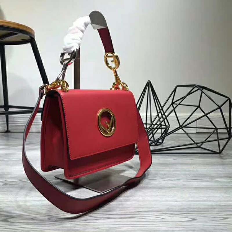 TÚI Fendi KAN I F Top Flap Leather Bag with Strap-Red