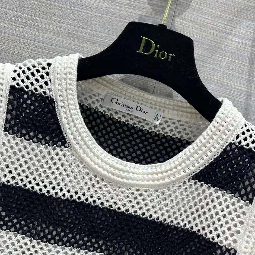 ÁO Dior Women Marinière Cardigan Top Navy Blue and White Openwork Cotton Knit
