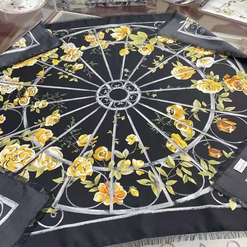KHĂN Dior Granville 90 Square Scarf Black and Gold-Tone Silk Twill