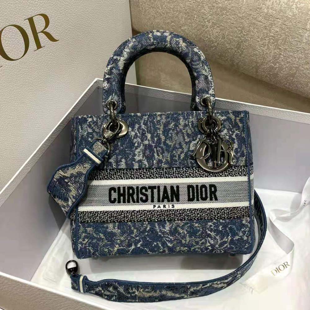 TÚI Christian Dior Lady D-Lite Bag Blue Dior Brocart Denim-Effect Embroidery
