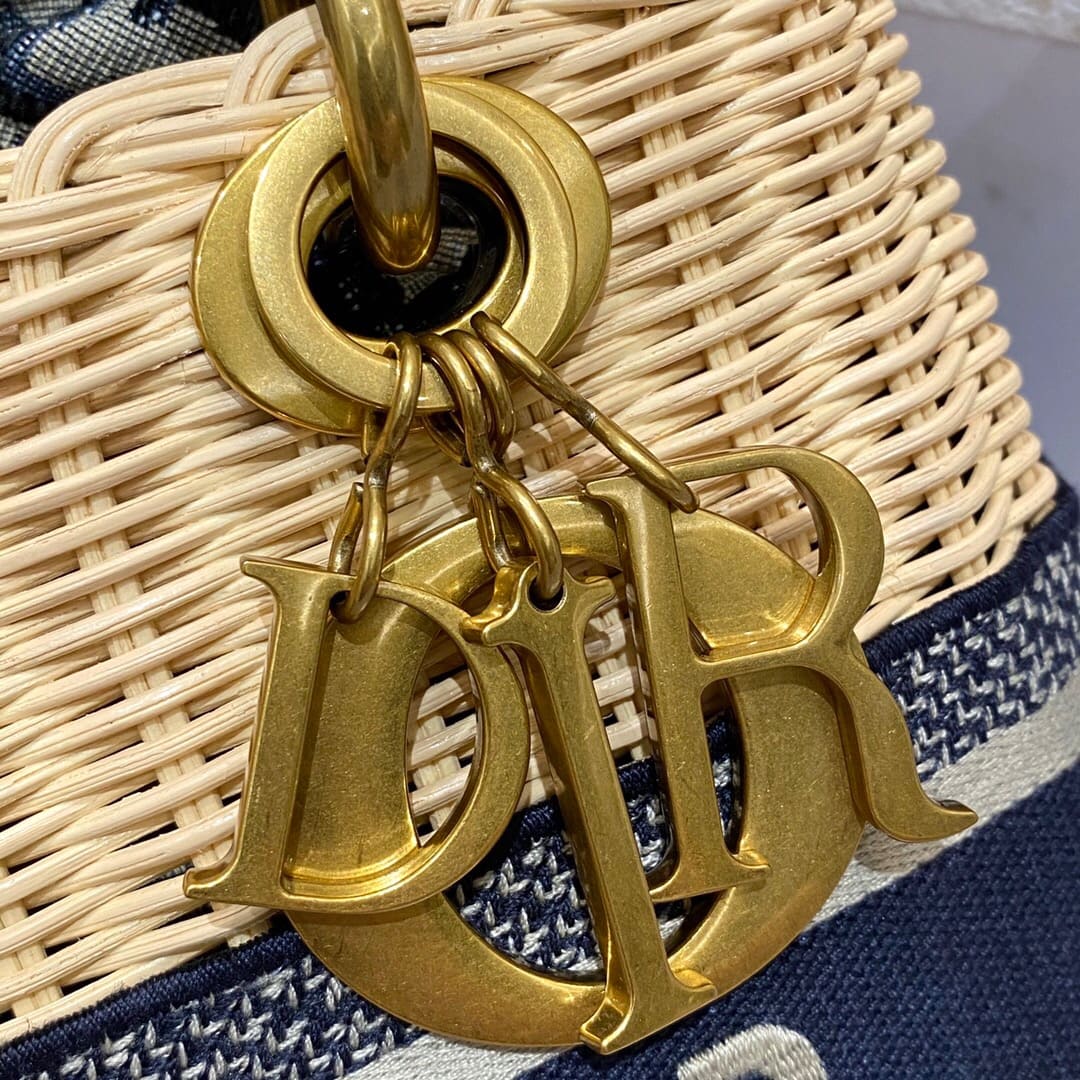 TÚI Dior Women Medium Lady Dior Bag Natural Wicker and Black Dior Oblique Jacquard