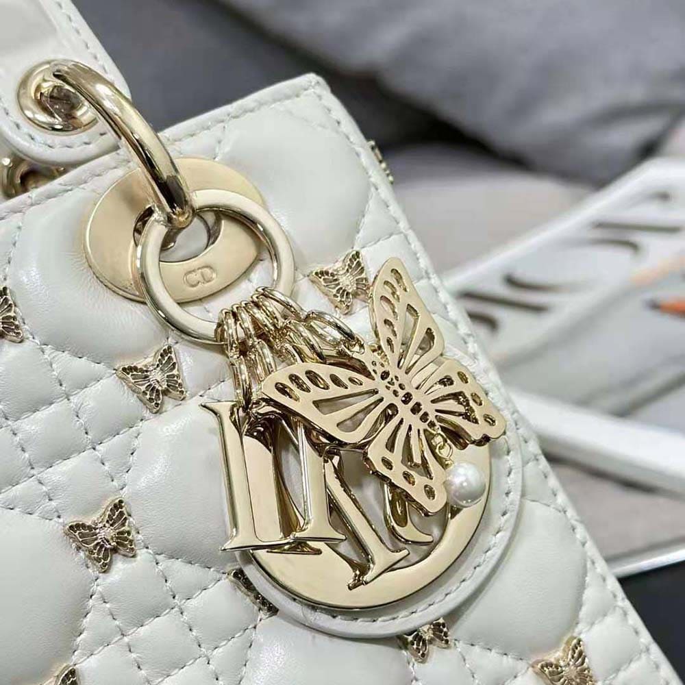 TÚI Dior Women Small Lady Dior Bag White Cannage Lambskin with Gold-Finish Butterfly Studs