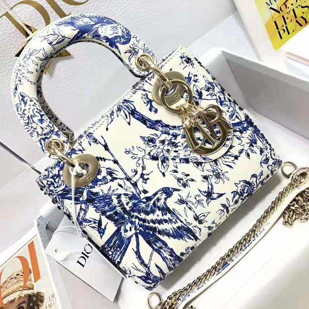 TÚI Christian Dior Dior Bag White Calfskin with Blue-Tone Printed and Bead-Embroidered Dior Jardin D’Hiver Motif