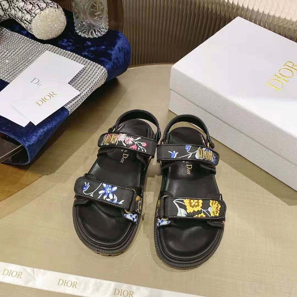 DÉP SANDAL DIOR Dioract Sandal Black Multicolor Technical Fabric Embroidered with Dior Petites Fleurs Motif