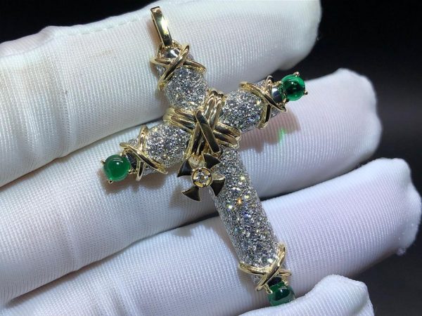 Vòng cổ Tiffany & Co Schlumberger dây chuyền hình chữ thập bạch kim với kim cương và ngọc lục bảo vàng hồng 18K
