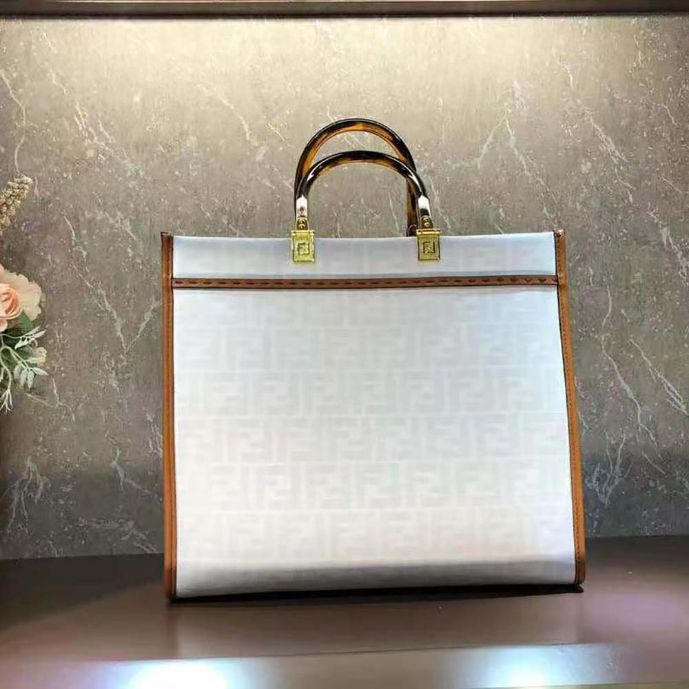 TÚI Fendi Women Sunshine Medium FF white Glazed Fabric Shopper with Inlay