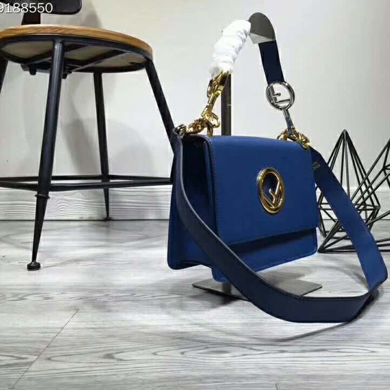 TÚI Fendi KAN I F Top Flap Leather Bag with Strap-Navy