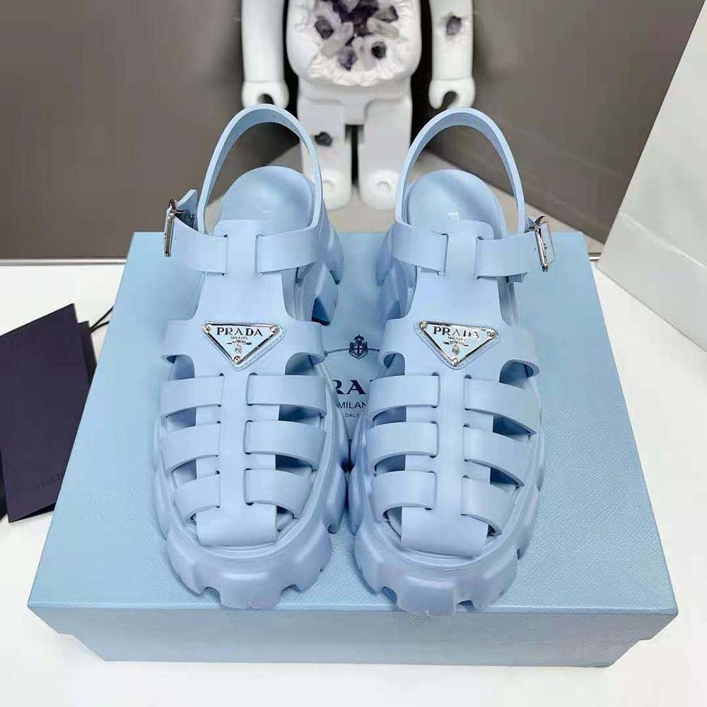 GIÀY Prada Foam Rubber Sandals with Enameled Metal Triangle Logo-Blue