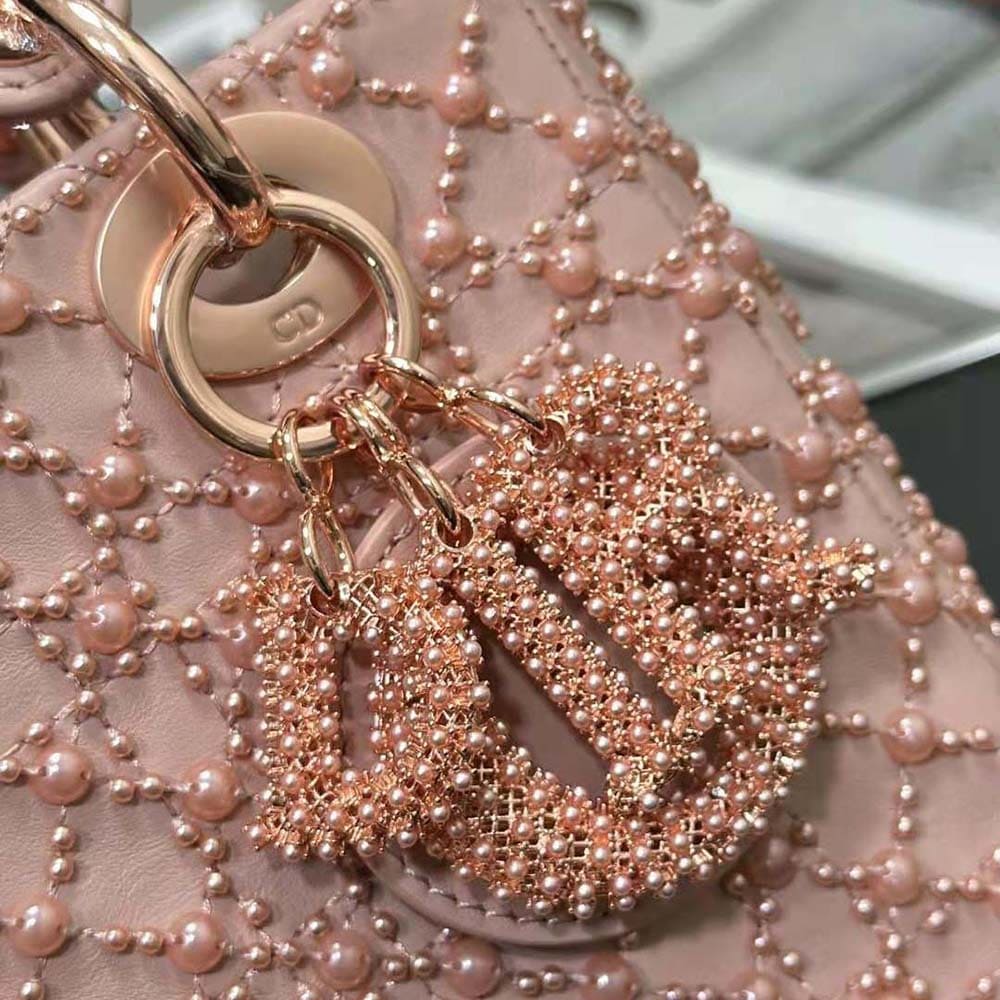 TÚI Dior Women Small Lady Dior Bag Rose Des Vents Cannage Calfskin Embroidered with Resin Pearls