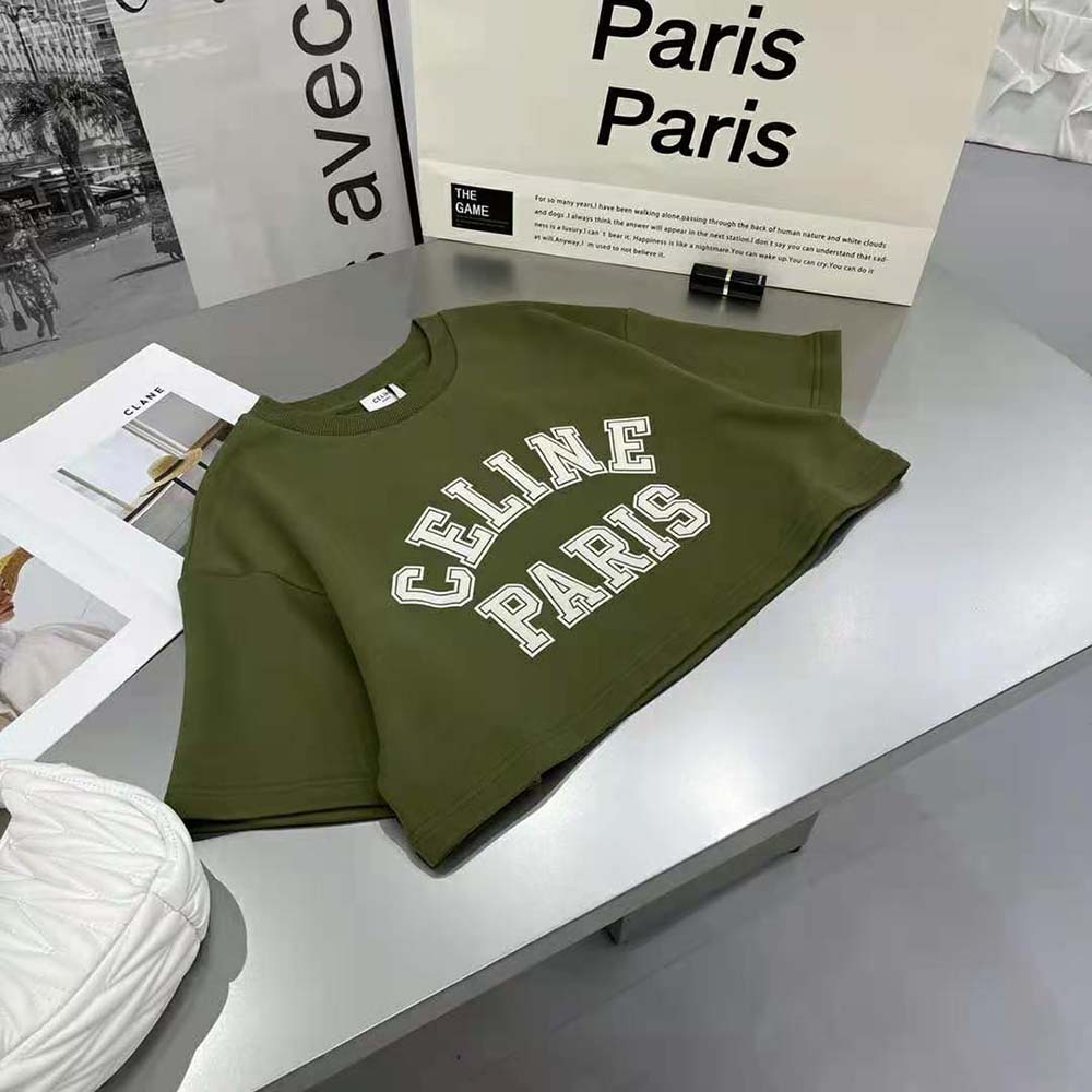 ÁO Celine Women Cropped Celine T-shirt in Cotton Fleece-Green