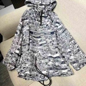 ÁO Dior Women Hooded Short Anorak Navy Toile de Jouy Jacquard