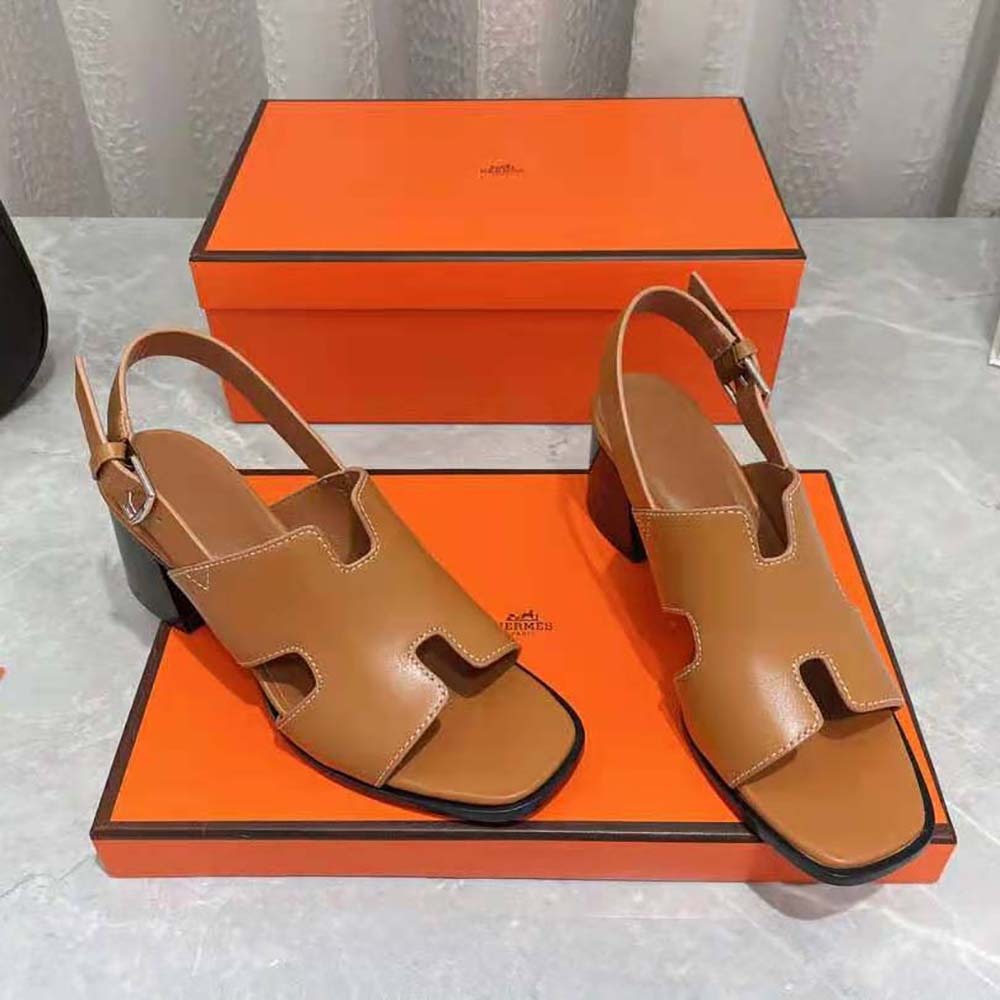 GIÀY Hermes Women Elbe 60 Sandal in Calfskin with H Cut-Out Detail-Brown SS2022