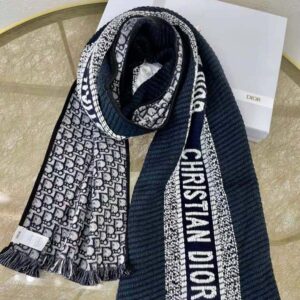 KHĂN Dior Women Oblique University Reversible Scarf Navy Blue Wool and Silk