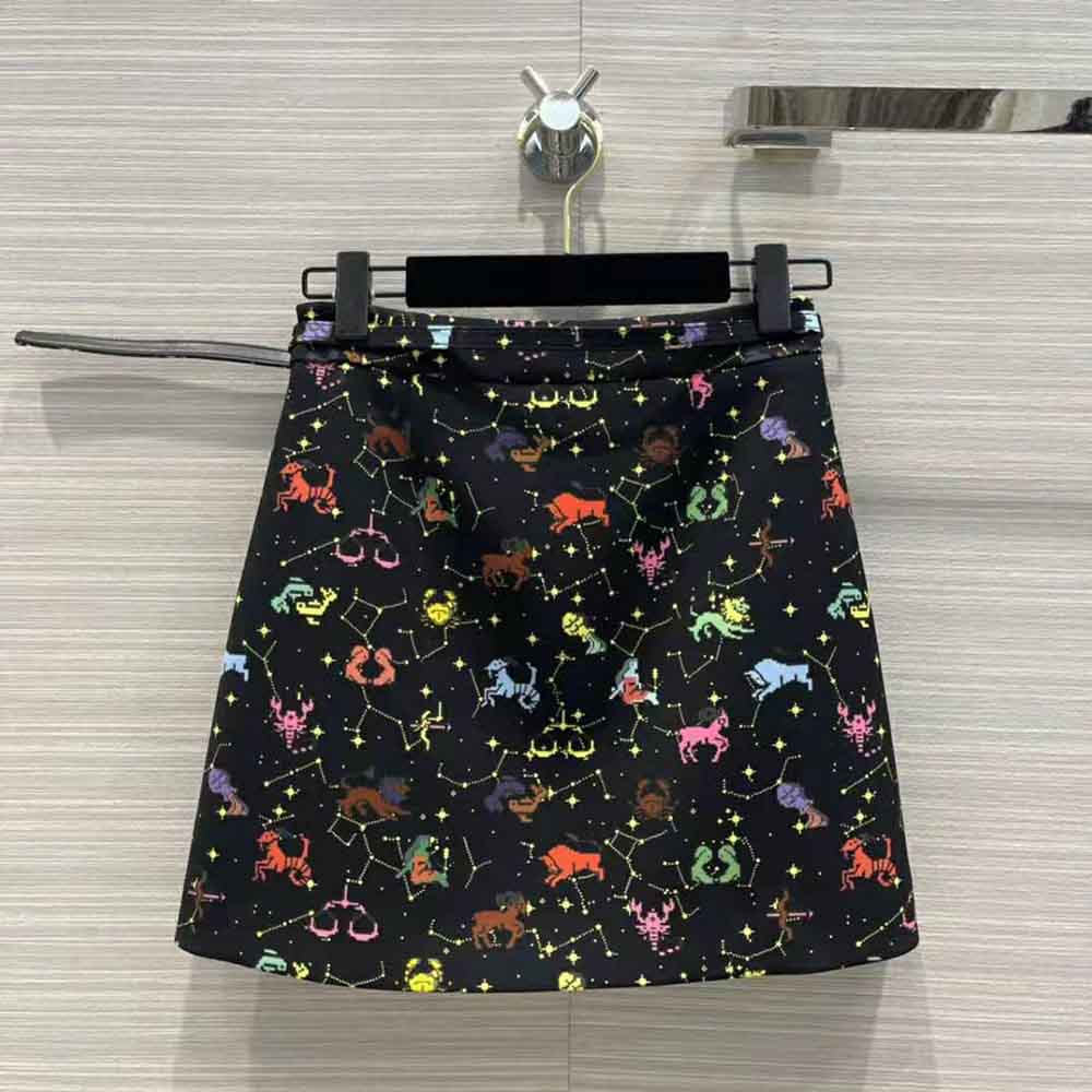 Chân váy Dior Belted Short Skirt Black Wool and Silk Jacquard with Multicolor Dior Pixel Zodiac Motif