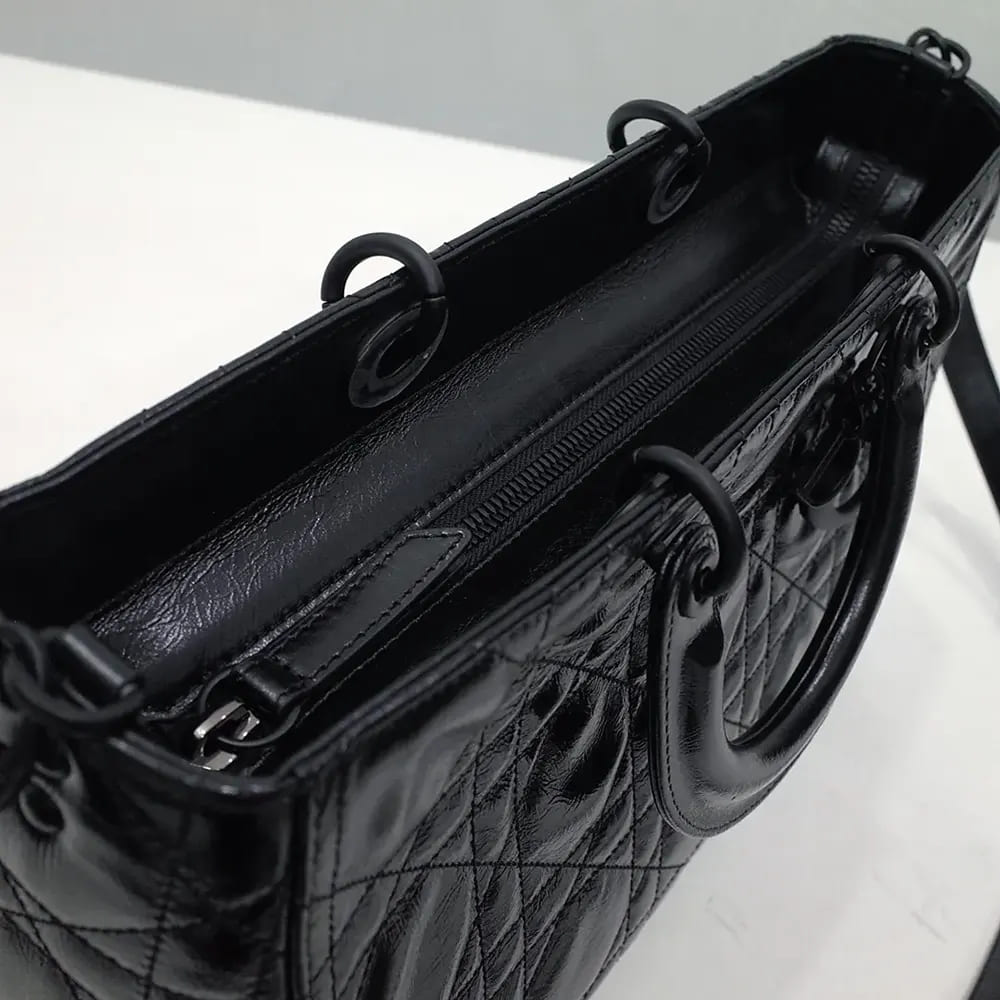 TÚI DIOR Women Large Lady D-Sire Bag Black Macrocannage Crinkled Calfskin