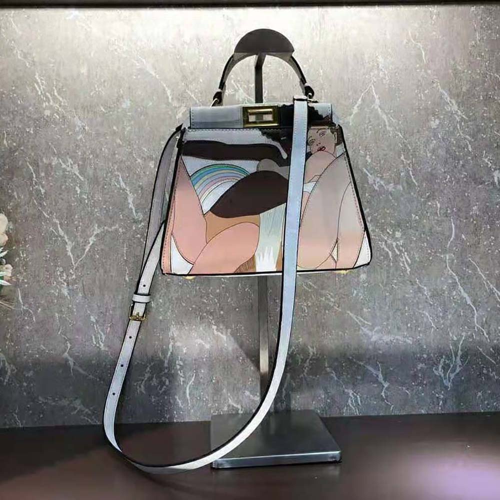 TÚI Fendi Women Peekaboo Iconic Mini FF white Glazed Fabric Bag with Inlay