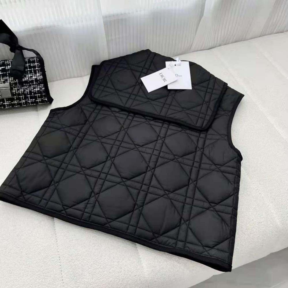 ÁO Dior Women Sleeveless Cropped Macrocannage Vest Navy Blue Quilted Technical Taffeta
