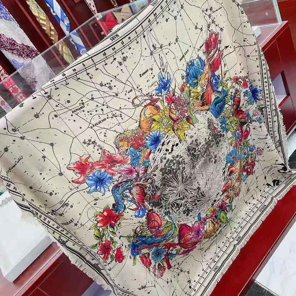 KHĂN Dior Women Zodiac Square Scarf Navy White Silk Twill
