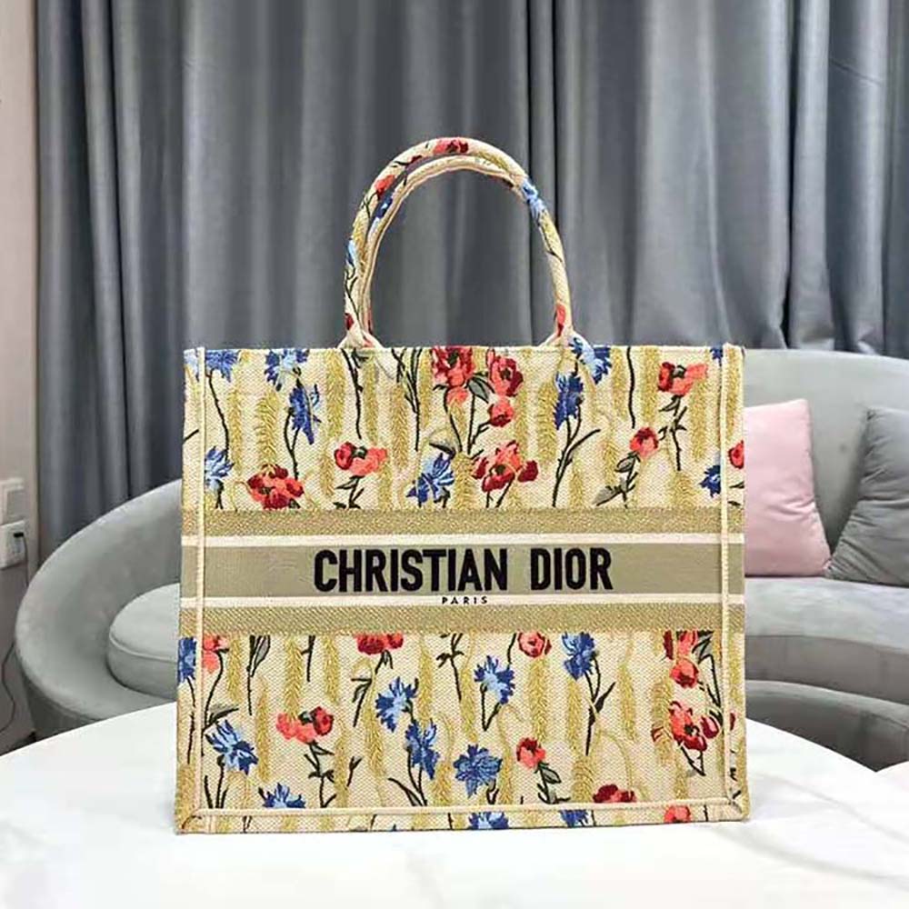 TÚI Dior Women Dior Book Tote Beige Dior Hibiscus Embroidery