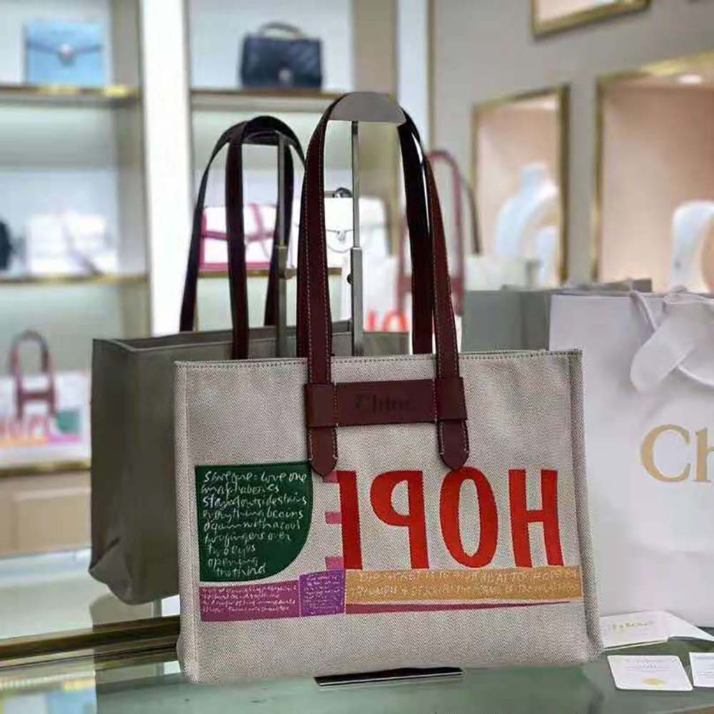 TÚI Chloe Corita Kent Large Tote in Embroidered Artwork and Shiny Calfskin
