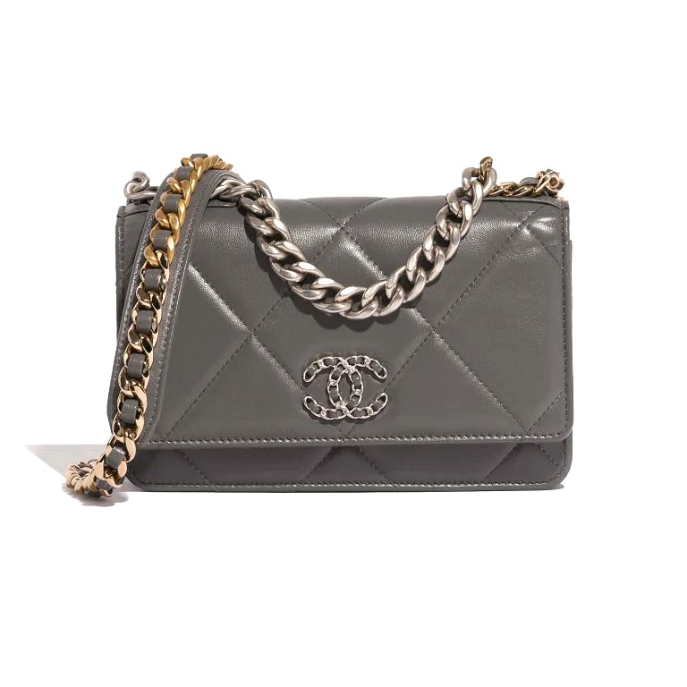 TÚI Chanel 19 Wallet On Chain Lamb Grey