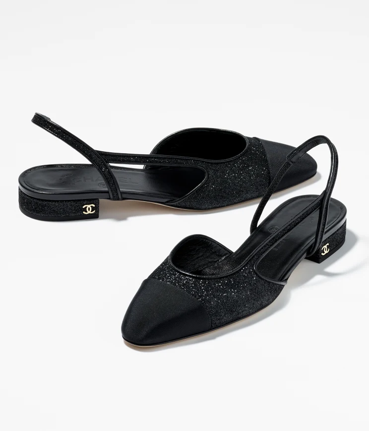 GIÀY SANDAL CHANEL SLINGBACK Hạt đá & Vải Grosgrain Bạc & Đen 20MM