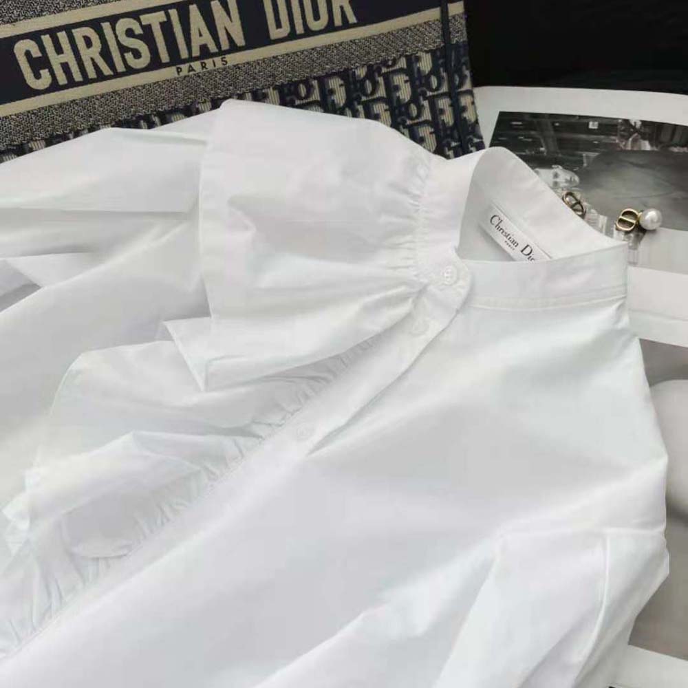 ÁO Dior Women Blouse with Ruffles White Cotton Poplin