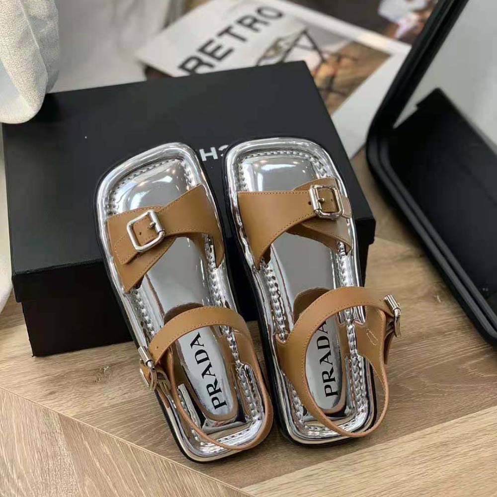 DÉP SANDAL PRADA Flat Rectangular Leather Sandals-Brown
