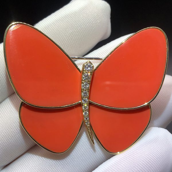Trâm cài Van Cleef & Arpels Orange Coral Diamond Butterfly Clip vàng hồng 18K